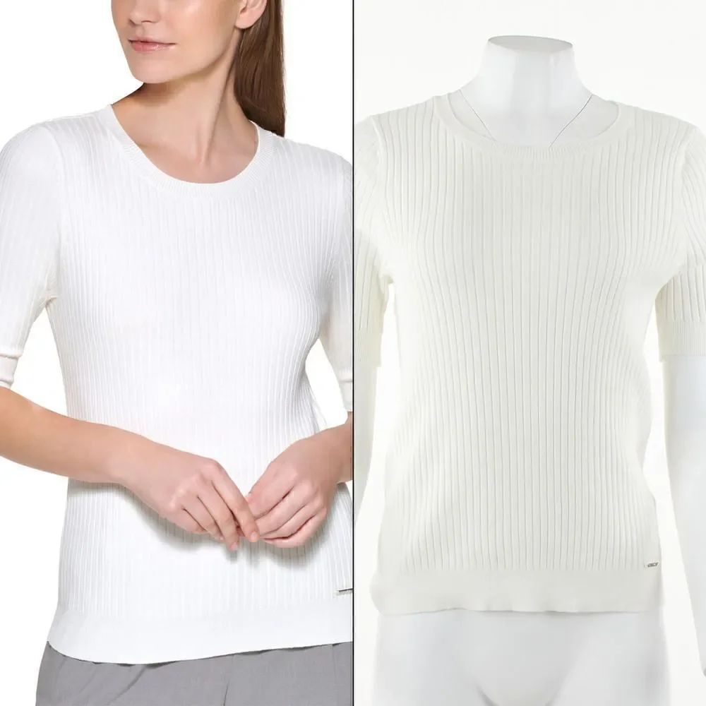 Calvin Klein Petite Elbow-Sleeve Ribbed Top in Cream